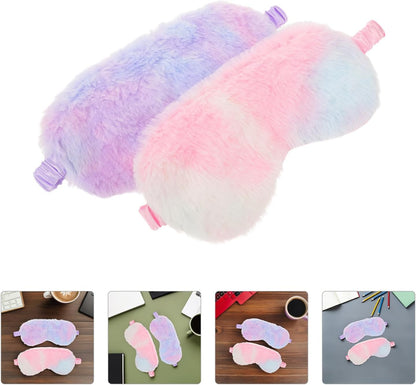 2pcs Plush Rabbit Fur Sleep Eye Masks and Women – Soft Faux Silk Light Blocking Cover for Travel and Nap, Comfortable Skin-Friendly Eyemask Set in Iridescent Blue Pink