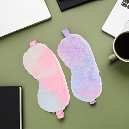 2pcs Plush Rabbit Fur Sleep Eye Masks and Women – Soft Faux Silk Light Blocking Cover for Travel and Nap, Comfortable Skin-Friendly Eyemask Set in Iridescent Blue Pink
