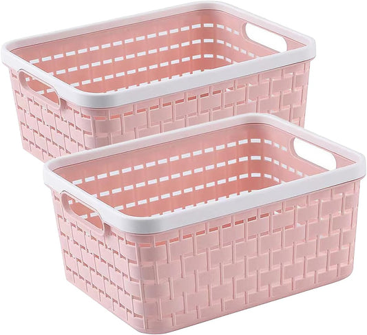 Plastic Storage Bin Baskets, Toilet Paper Basket for Bathroom, Plastic Organizer Shower Caddy with Handles for Living Room (Small Pink 2 pack)