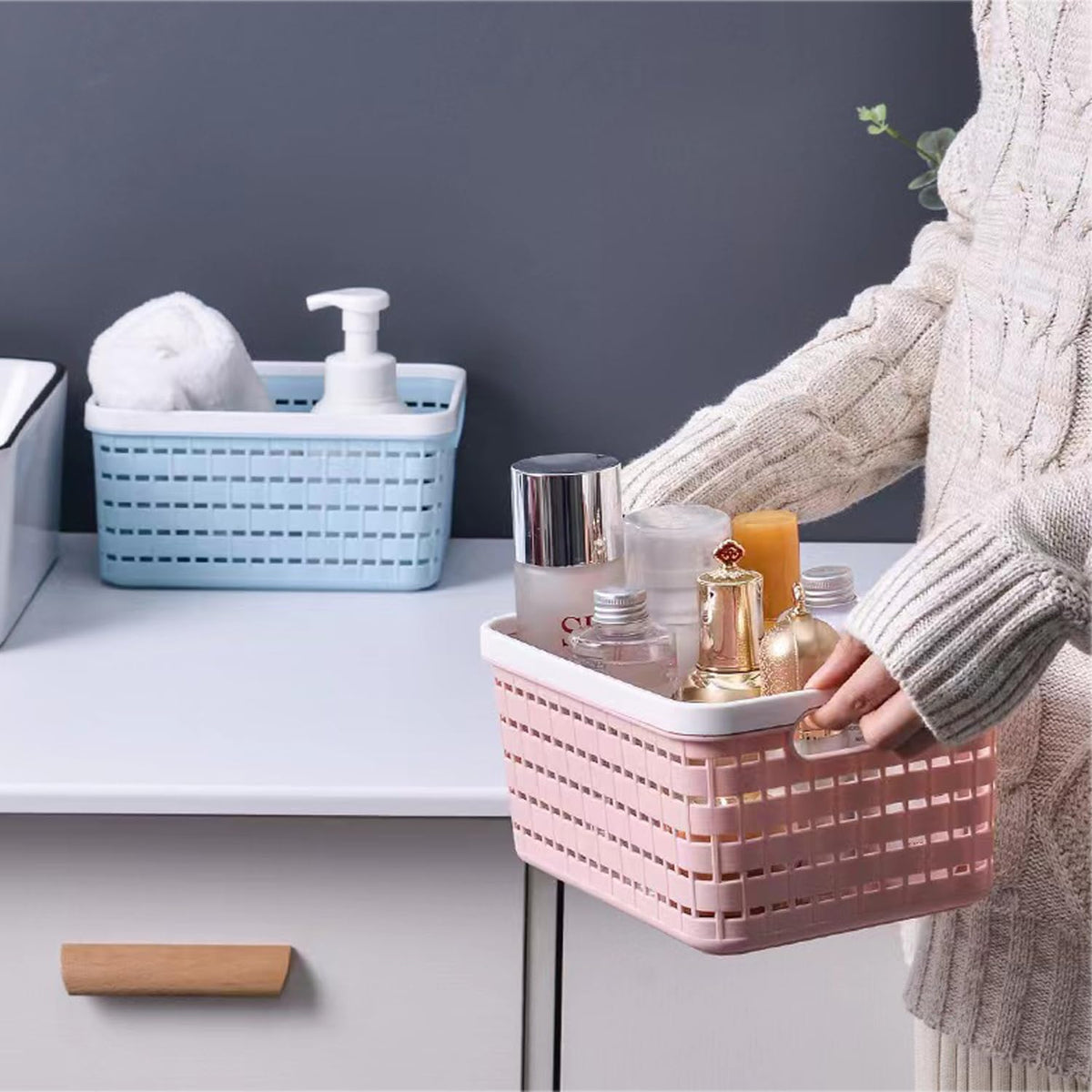 Plastic Storage Bin Baskets, Toilet Paper Basket for Bathroom, Plastic Organizer Shower Caddy with Handles for Living Room (Small Pink 2 pack)