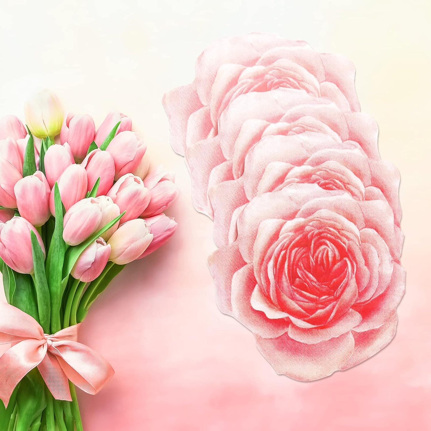Yeaqee 200 Pcs Flower Shaped Napkins, 2 Ply Disposable Floral Paper Napkin with Pink Rose, 13" x 13" Spring Decorative Flower Tableware for Mothers Day Wedding Bridal Baby Shower Birthday Party Decor