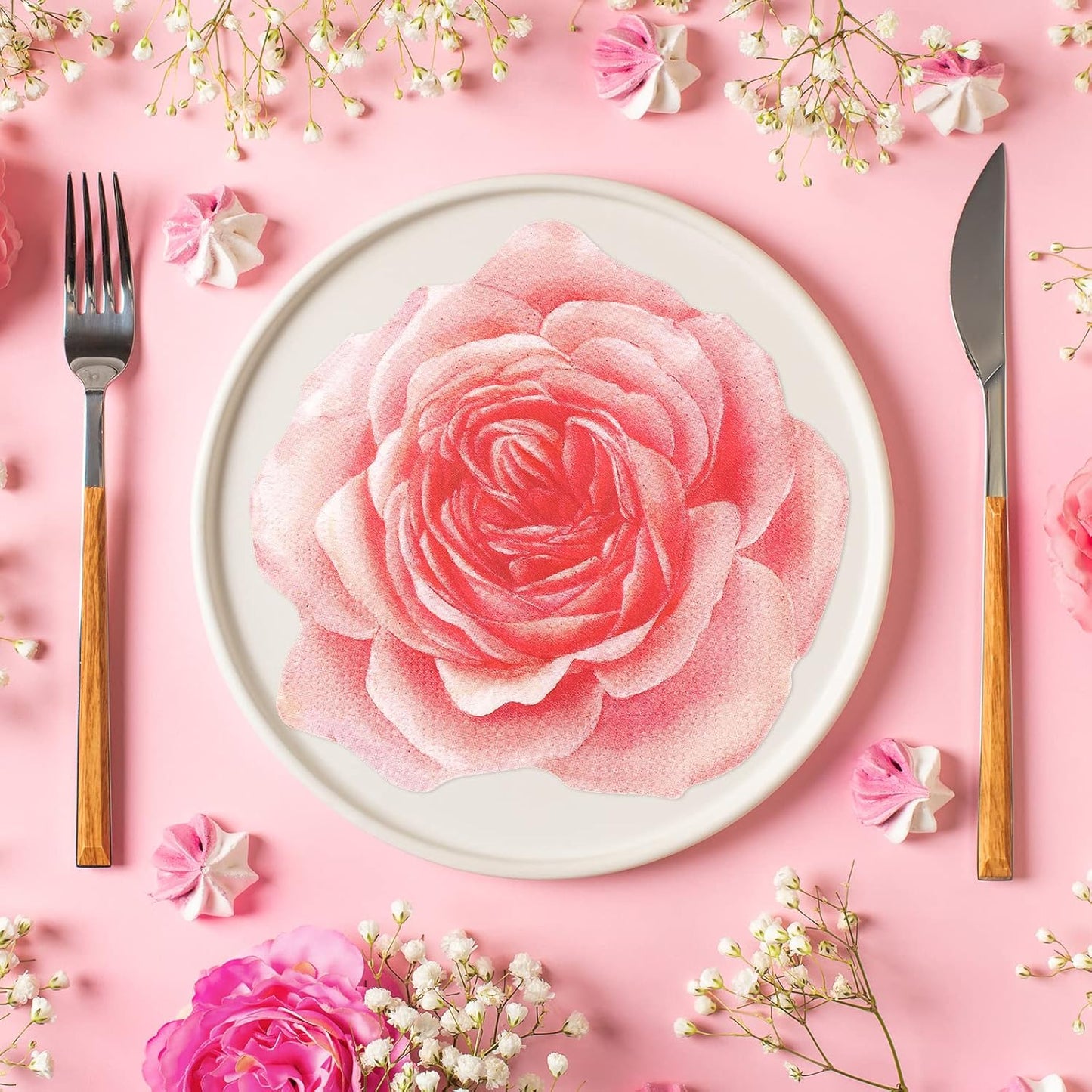 Yeaqee 200 Pcs Flower Shaped Napkins, 2 Ply Disposable Floral Paper Napkin with Pink Rose, 13" x 13" Spring Decorative Flower Tableware for Mothers Day Wedding Bridal Baby Shower Birthday Party Decor