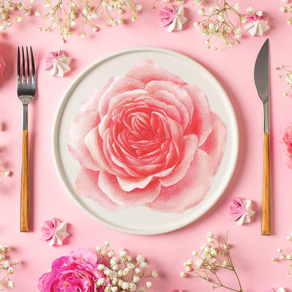 Yeaqee 200 Pcs Flower Shaped Napkins, 2 Ply Disposable Floral Paper Napkin with Pink Rose, 13" x 13" Spring Decorative Flower Tableware for Mothers Day Wedding Bridal Baby Shower Birthday Party Decor