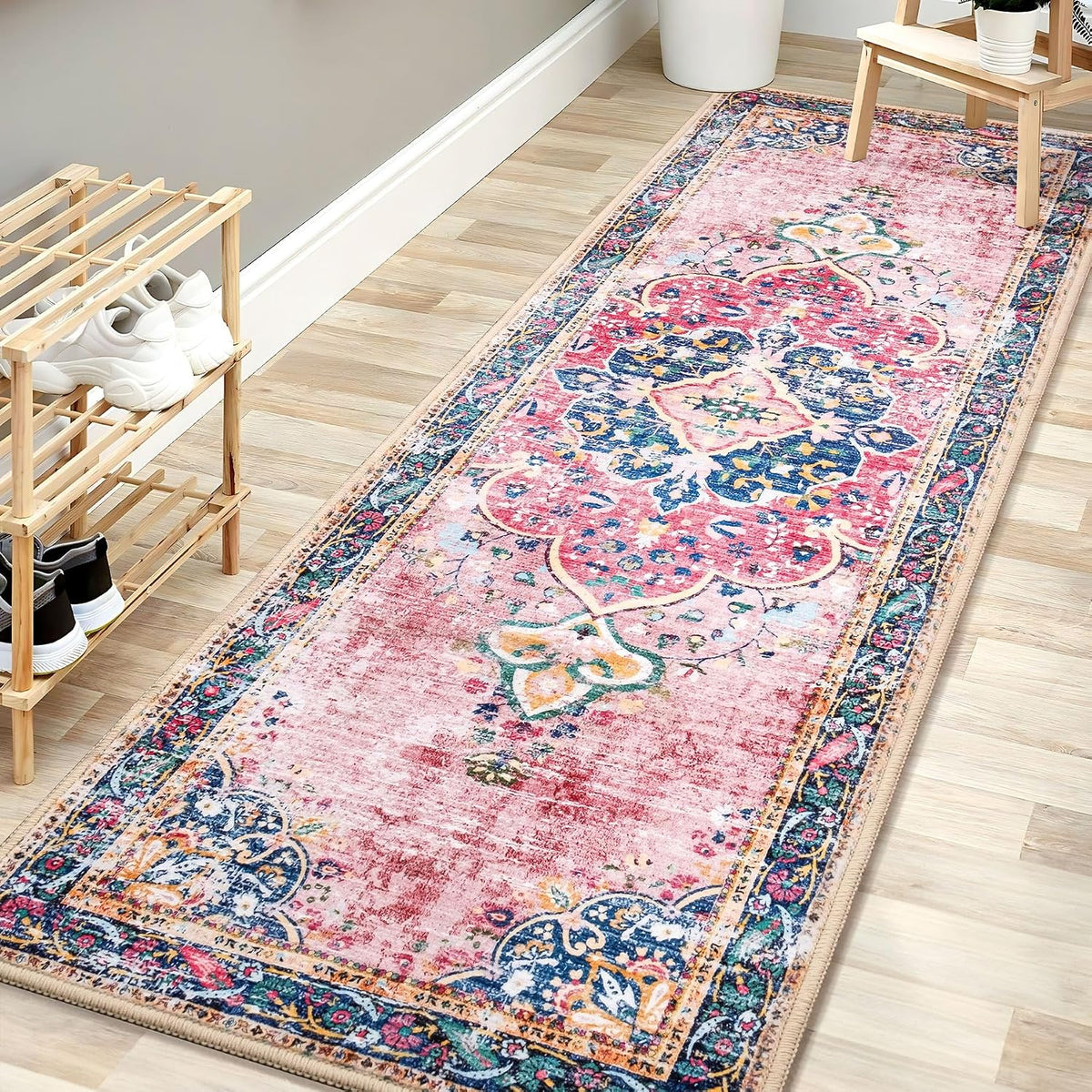 Washable Runner Rug 2x6 Pink Boho Area Rug for Hallway Entryway