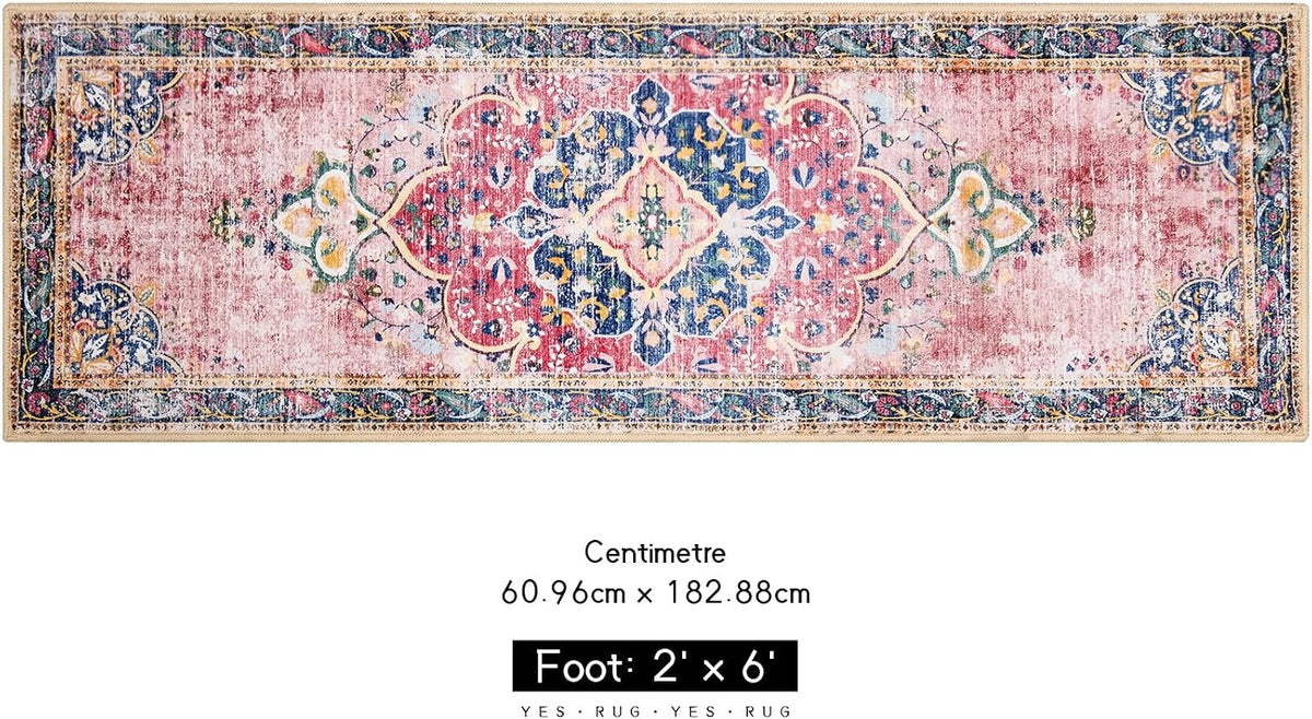 Washable Runner Rug 2x6 Pink Boho Area Rug for Hallway Entryway