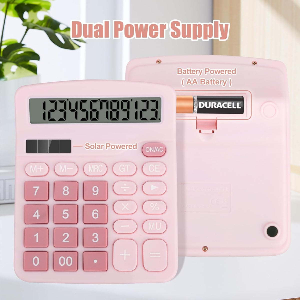 Desktop Calculator, Pink Calculator Big Buttons, 12-Digits Large LCD Display, Solar and AA Battery Dual Power, Desk Calculators for Office Home School Business Class (Pink)