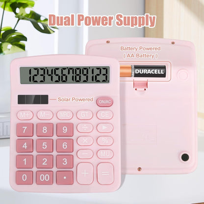 Desktop Calculator, Pink Calculator Big Buttons, 12-Digits Large LCD Display, Solar and AA Battery Dual Power, Desk Calculators for Office Home School Business Class (Pink)