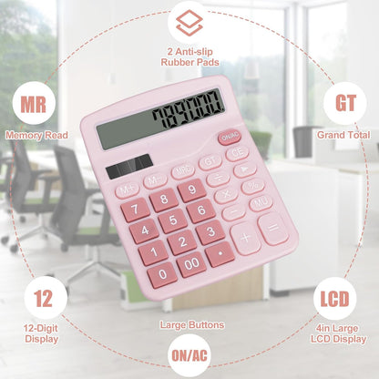 Desktop Calculator, Pink Calculator Big Buttons, 12-Digits Large LCD Display, Solar and AA Battery Dual Power, Desk Calculators for Office Home School Business Class (Pink)