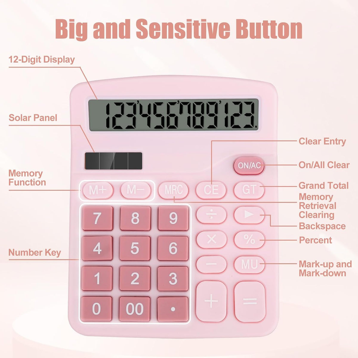 Desktop Calculator, Pink Calculator Big Buttons, 12-Digits Large LCD Display, Solar and AA Battery Dual Power, Desk Calculators for Office Home School Business Class (Pink)