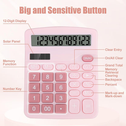 Desktop Calculator, Pink Calculator Big Buttons, 12-Digits Large LCD Display, Solar and AA Battery Dual Power, Desk Calculators for Office Home School Business Class (Pink)