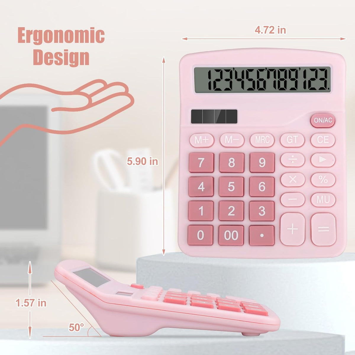 Desktop Calculator, Pink Calculator Big Buttons, 12-Digits Large LCD Display, Solar and AA Battery Dual Power, Desk Calculators for Office Home School Business Class (Pink)