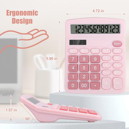 Desktop Calculator, Pink Calculator Big Buttons, 12-Digits Large LCD Display, Solar and AA Battery Dual Power, Desk Calculators for Office Home School Business Class (Pink)