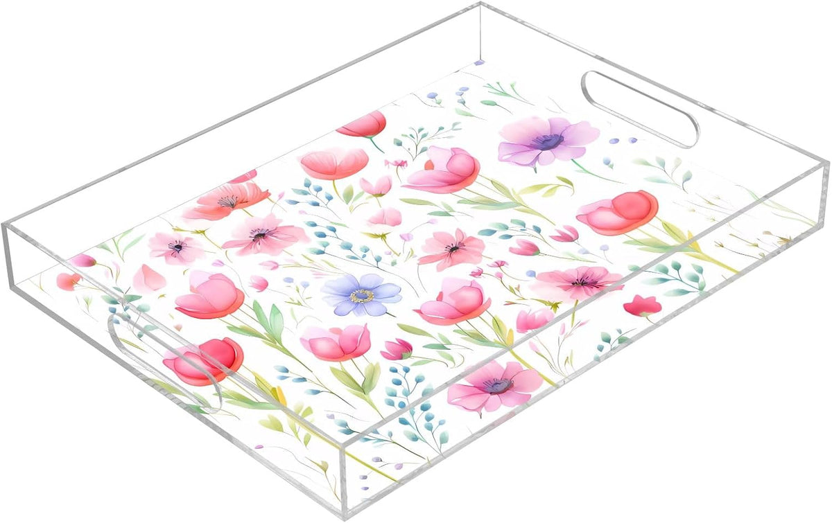 Plastic Food Serving Tray Decorative Vanity Trays for Bathroom Wildflowers Pink Coffee Table Kitchen Counter 11.8 * 15.7in