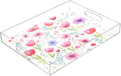 Plastic Food Serving Tray Decorative Vanity Trays for Bathroom Wildflowers Pink Coffee Table Kitchen Counter 11.8 * 15.7in