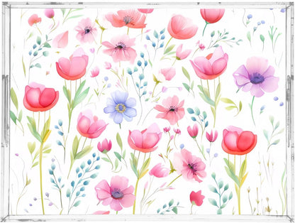 Plastic Food Serving Tray Decorative Vanity Trays for Bathroom Wildflowers Pink Coffee Table Kitchen Counter 11.8 * 15.7in