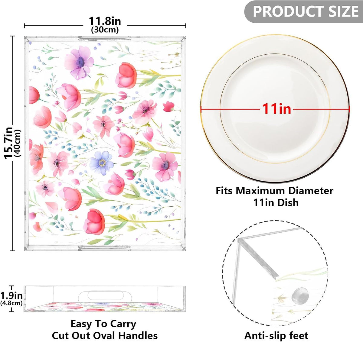 Plastic Food Serving Tray Decorative Vanity Trays for Bathroom Wildflowers Pink Coffee Table Kitchen Counter 11.8 * 15.7in