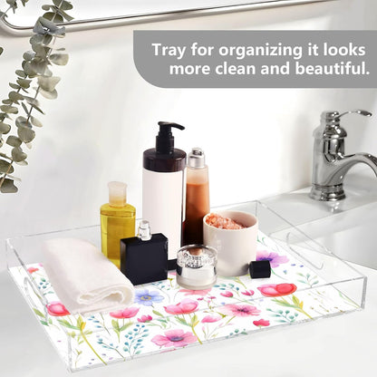 Plastic Food Serving Tray Decorative Vanity Trays for Bathroom Wildflowers Pink Coffee Table Kitchen Counter 11.8 * 15.7in