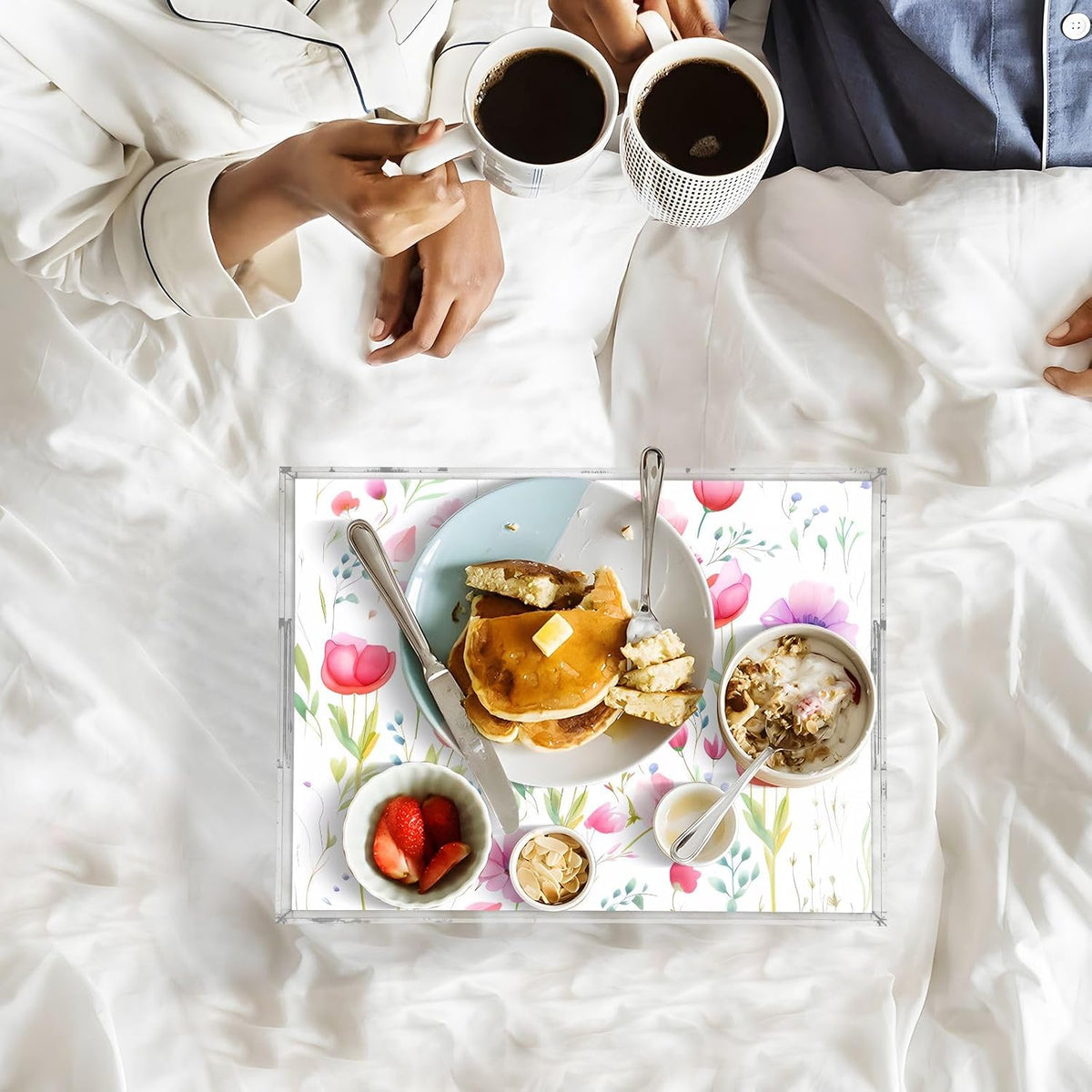 Plastic Food Serving Tray Decorative Vanity Trays for Bathroom Wildflowers Pink Coffee Table Kitchen Counter 11.8 * 15.7in