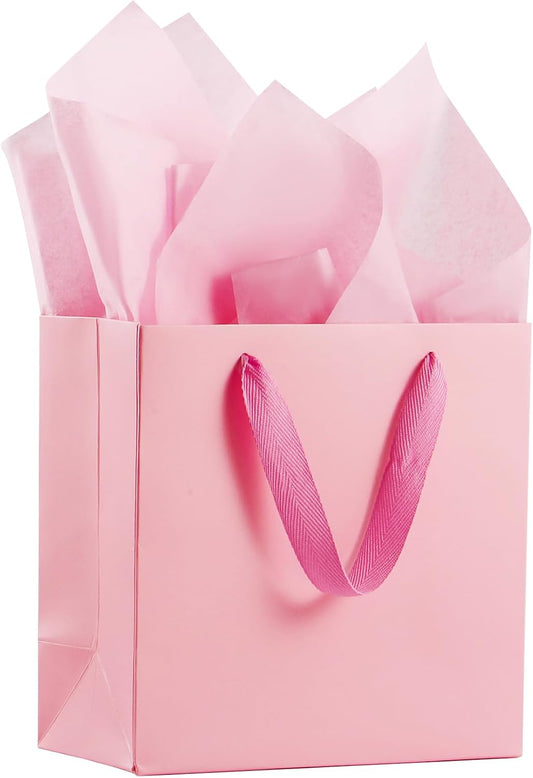 Mini Pink Gift Bags with Handles Wide Bottom Gift Bags with Tissue Paper Party Favor Bag Goodie Bag for Wedding Birthday Christmas Shopping Business (10 CT, 4x4x2 Inch, Pink)