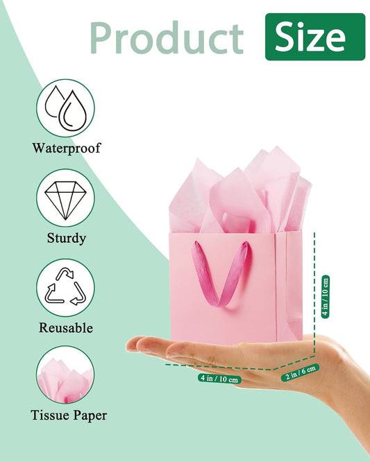 Mini Pink Gift Bags with Handles Wide Bottom Gift Bags with Tissue Paper Party Favor Bag Goodie Bag for Wedding Birthday Christmas Shopping Business (10 CT, 4x4x2 Inch, Pink)