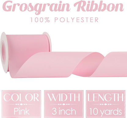 Pink Grosgrain Ribbon 3 Inch Grosgrain Hair Ribbons 10 Yards Per Roll Light Pink Baby Shower Ribbon for Cheer Bow, Hair Bow Supplies Wide Ribbons for Crafts, Sewing, Scrapbooking