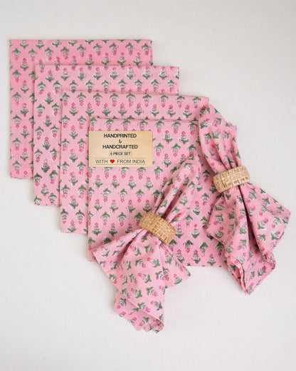 Cotton Print Dinner Napkins 18x18 inches - Washable Cloth Napkins Set of 6 - Everyday Use or Dinner Party and Events - Pink Block Printed Soft Fabric by Craftbot