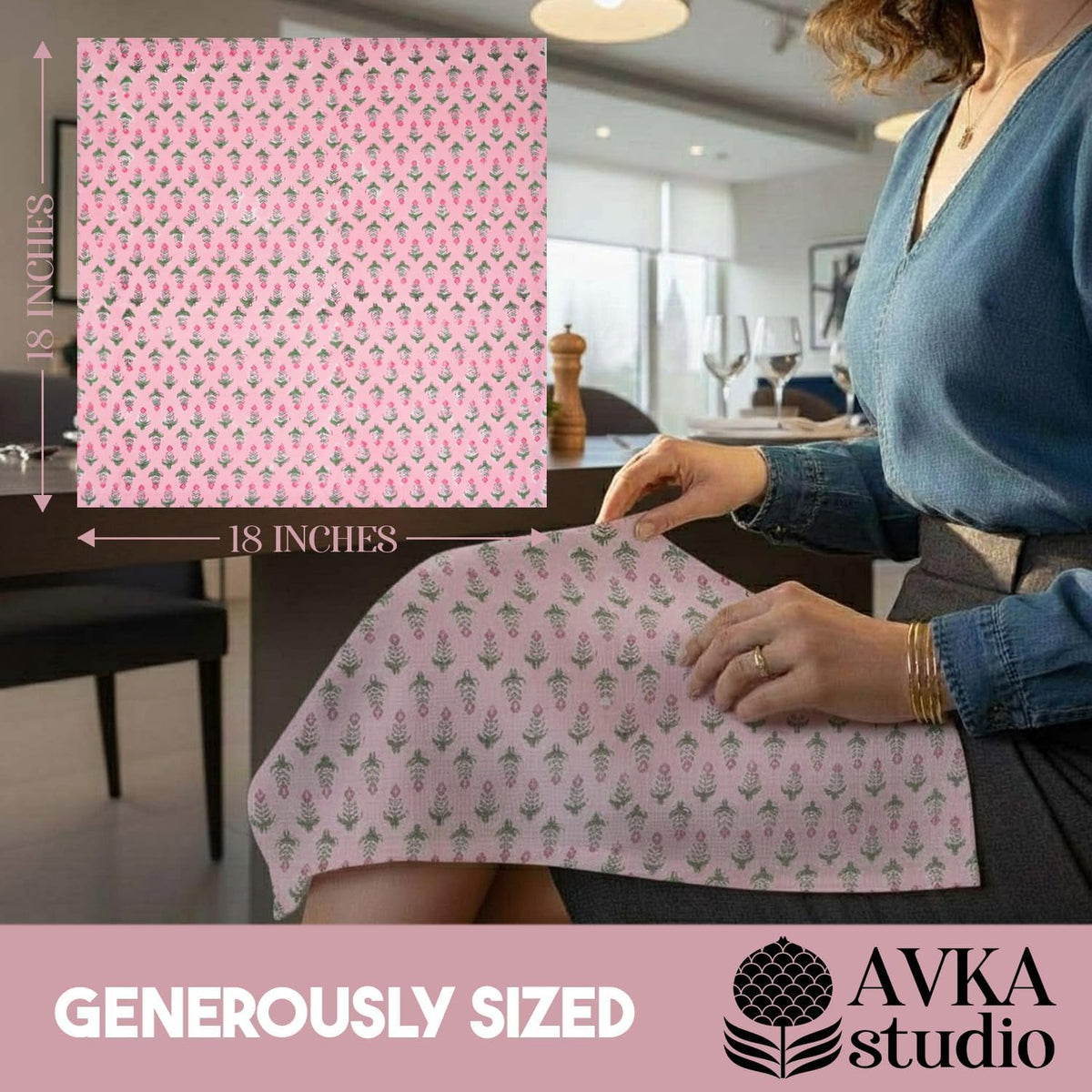 Cotton Print Dinner Napkins 18x18 inches - Washable Cloth Napkins Set of 6 - Everyday Use or Dinner Party and Events - Pink Block Printed Soft Fabric by Craftbot