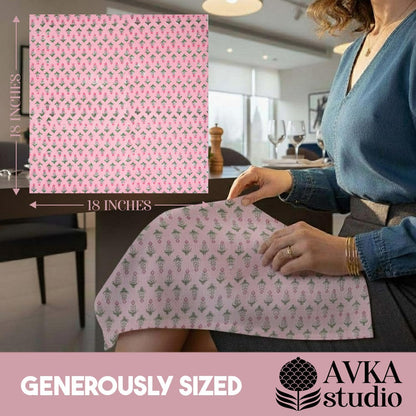 Cotton Print Dinner Napkins 18x18 inches - Washable Cloth Napkins Set of 6 - Everyday Use or Dinner Party and Events - Pink Block Printed Soft Fabric by Craftbot