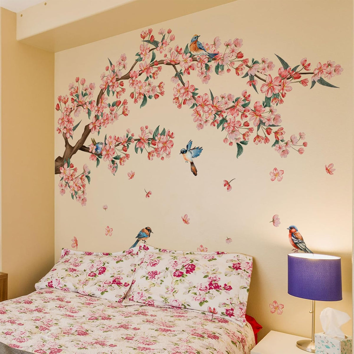 Pink Flower Wall Stickers, 39"x 46" Removable DIY Romantic Peach Blossom Tree Wall Murals Peel and Stick 3D Wall Art Stickers Home Decor for Girls Bedroom Nursery Rooms Living Room