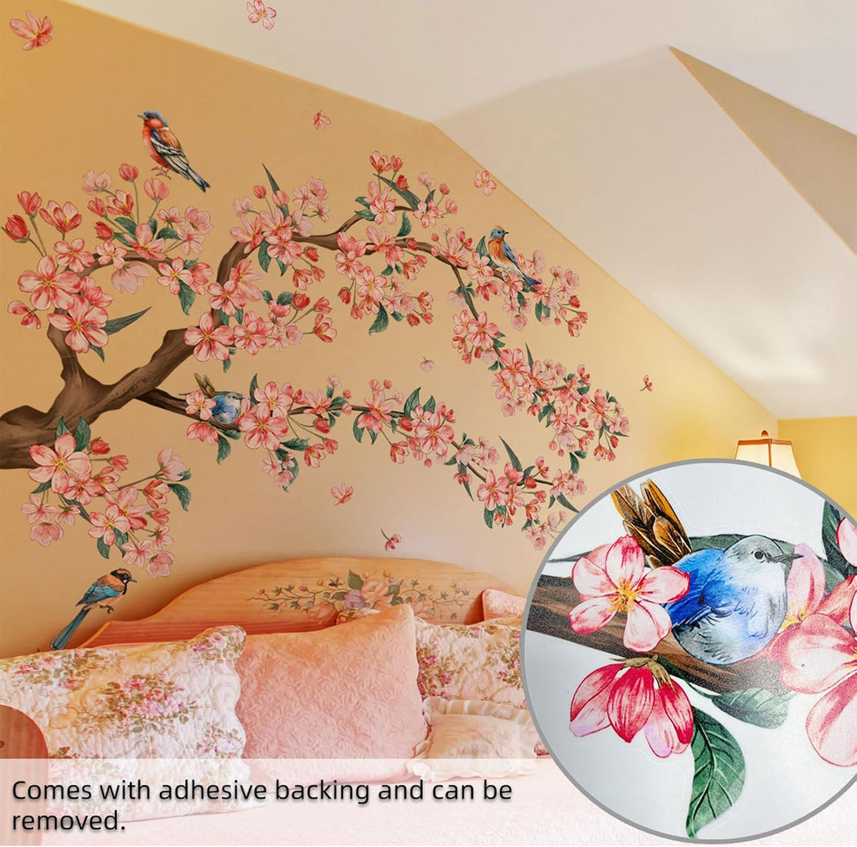 Pink Flower Wall Stickers, 39"x 46" Removable DIY Romantic Peach Blossom Tree Wall Murals Peel and Stick 3D Wall Art Stickers Home Decor for Girls Bedroom Nursery Rooms Living Room