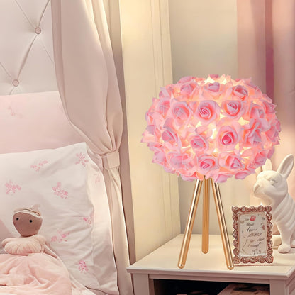 Pink Rose Flower Lamp Cute Table Lamp Modern Bedside Lamp Romantic Nighstand Light for Girl Princess Gold Tripod for Bedroom Living Room Entry Office Wedding Decoration Gift
