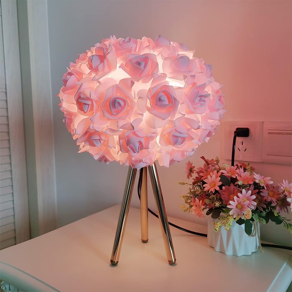 Pink Rose Flower Lamp Cute Table Lamp Modern Bedside Lamp Romantic Nighstand Light for Girl Princess Gold Tripod for Bedroom Living Room Entry Office Wedding Decoration Gift