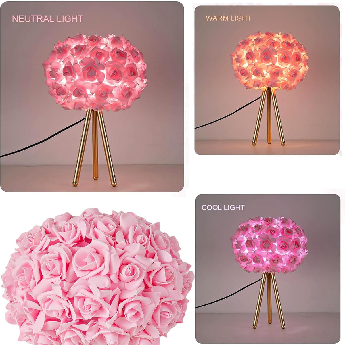 Pink Rose Flower Lamp Cute Table Lamp Modern Bedside Lamp Romantic Nighstand Light for Girl Princess Gold Tripod for Bedroom Living Room Entry Office Wedding Decoration Gift