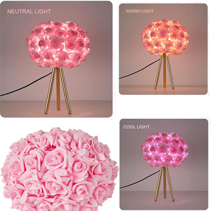 Pink Rose Flower Lamp Cute Table Lamp Modern Bedside Lamp Romantic Nighstand Light for Girl Princess Gold Tripod for Bedroom Living Room Entry Office Wedding Decoration Gift