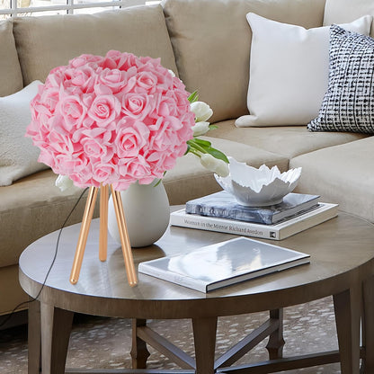 Pink Rose Flower Lamp Cute Table Lamp Modern Bedside Lamp Romantic Nighstand Light for Girl Princess Gold Tripod for Bedroom Living Room Entry Office Wedding Decoration Gift
