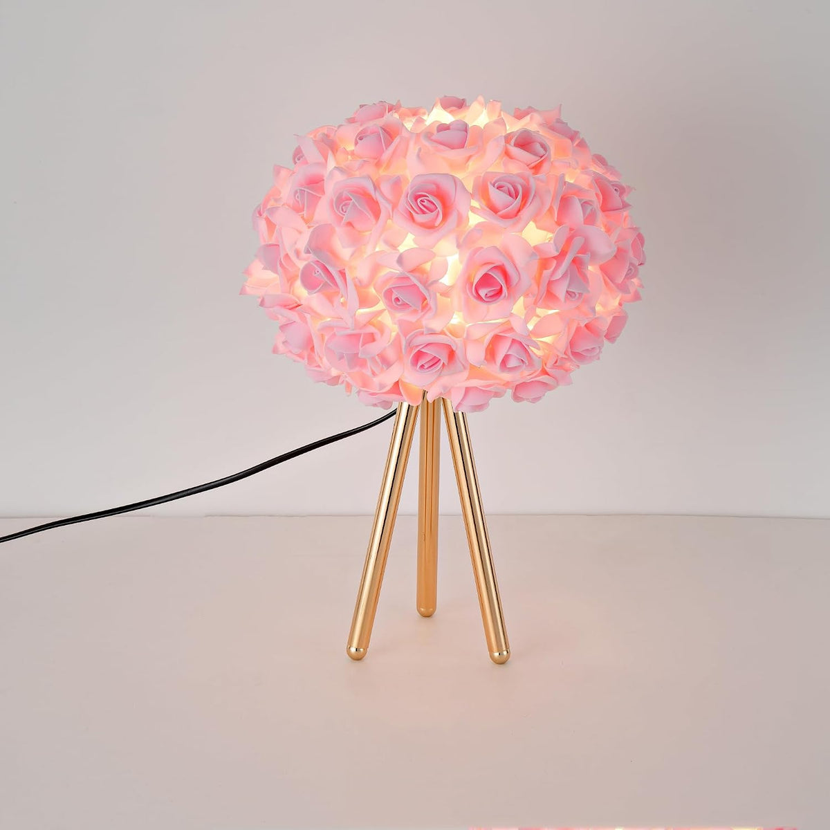 Pink Rose Flower Lamp Cute Table Lamp Modern Bedside Lamp Romantic Nighstand Light for Girl Princess Gold Tripod for Bedroom Living Room Entry Office Wedding Decoration Gift