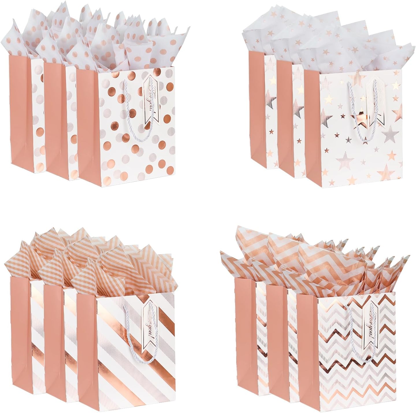 Dimetey 12pcs 9" Gift Bags, Medium Size Paper Bags with Tissue Paper, White Gold Wrap Paper Gift Bags with Handles for Shopping Party Wedding Baby Shower Holiday Presents (Rose Gold)