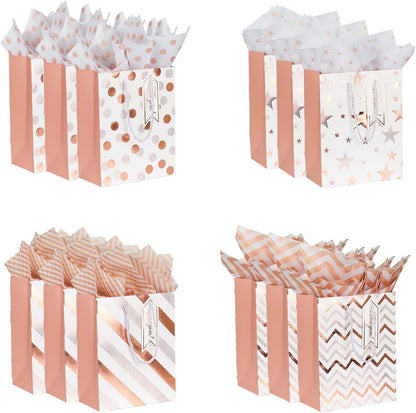 Dimetey 12pcs 9" Gift Bags, Medium Size Paper Bags with Tissue Paper, White Gold Wrap Paper Gift Bags with Handles for Shopping Party Wedding Baby Shower Holiday Presents (Rose Gold)