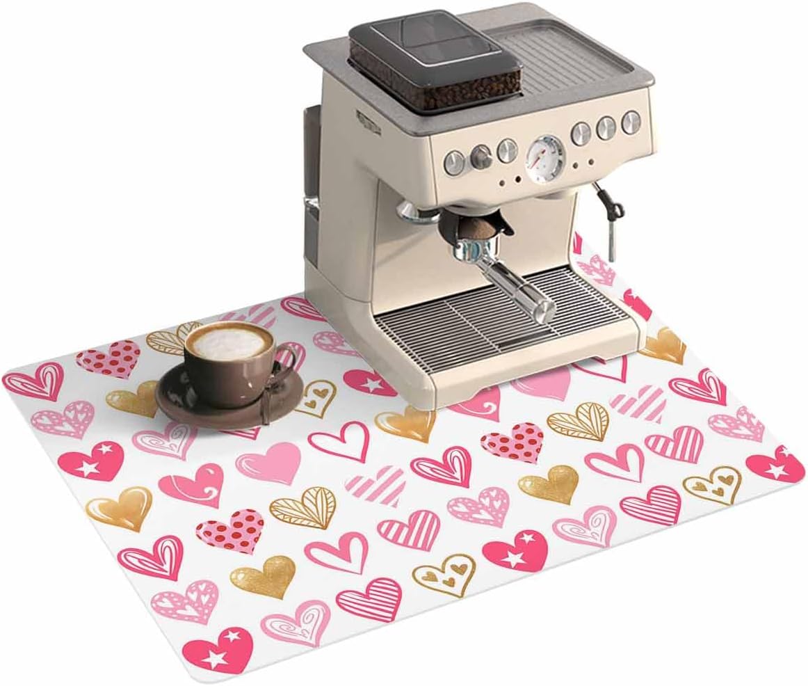 Coffee Mat for Counter, Valentine's Day Pink Heart Pattern Absorbent Hide Stain Coffee Bar Mat, Non-slip Coffee Bar Accessories Kitchen Drying Mat Fit Under Coffee Maker Espresso Machine