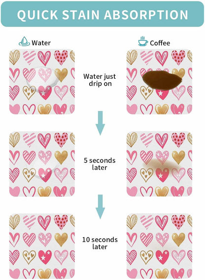 Coffee Mat for Counter, Valentine's Day Pink Heart Pattern Absorbent Hide Stain Coffee Bar Mat, Non-slip Coffee Bar Accessories Kitchen Drying Mat Fit Under Coffee Maker Espresso Machine