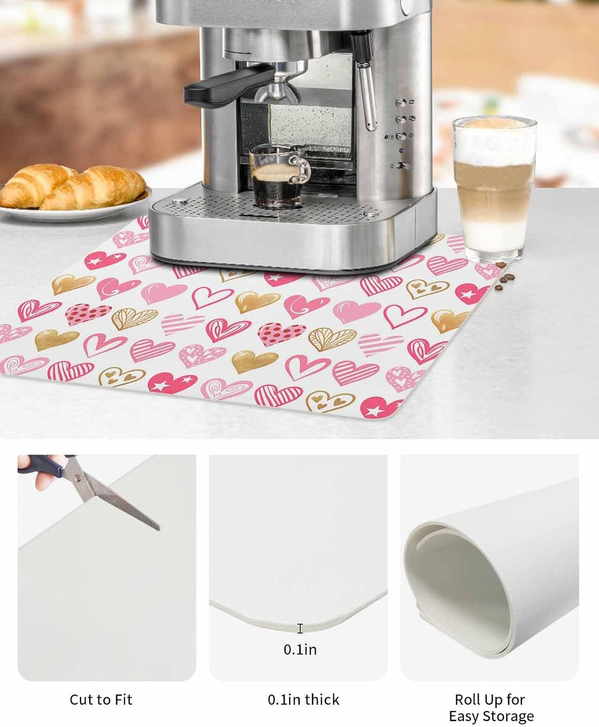 Coffee Mat for Counter, Valentine's Day Pink Heart Pattern Absorbent Hide Stain Coffee Bar Mat, Non-slip Coffee Bar Accessories Kitchen Drying Mat Fit Under Coffee Maker Espresso Machine