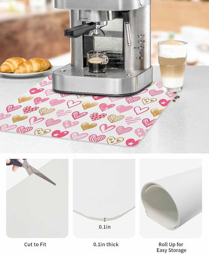 Coffee Mat for Counter, Valentine's Day Pink Heart Pattern Absorbent Hide Stain Coffee Bar Mat, Non-slip Coffee Bar Accessories Kitchen Drying Mat Fit Under Coffee Maker Espresso Machine