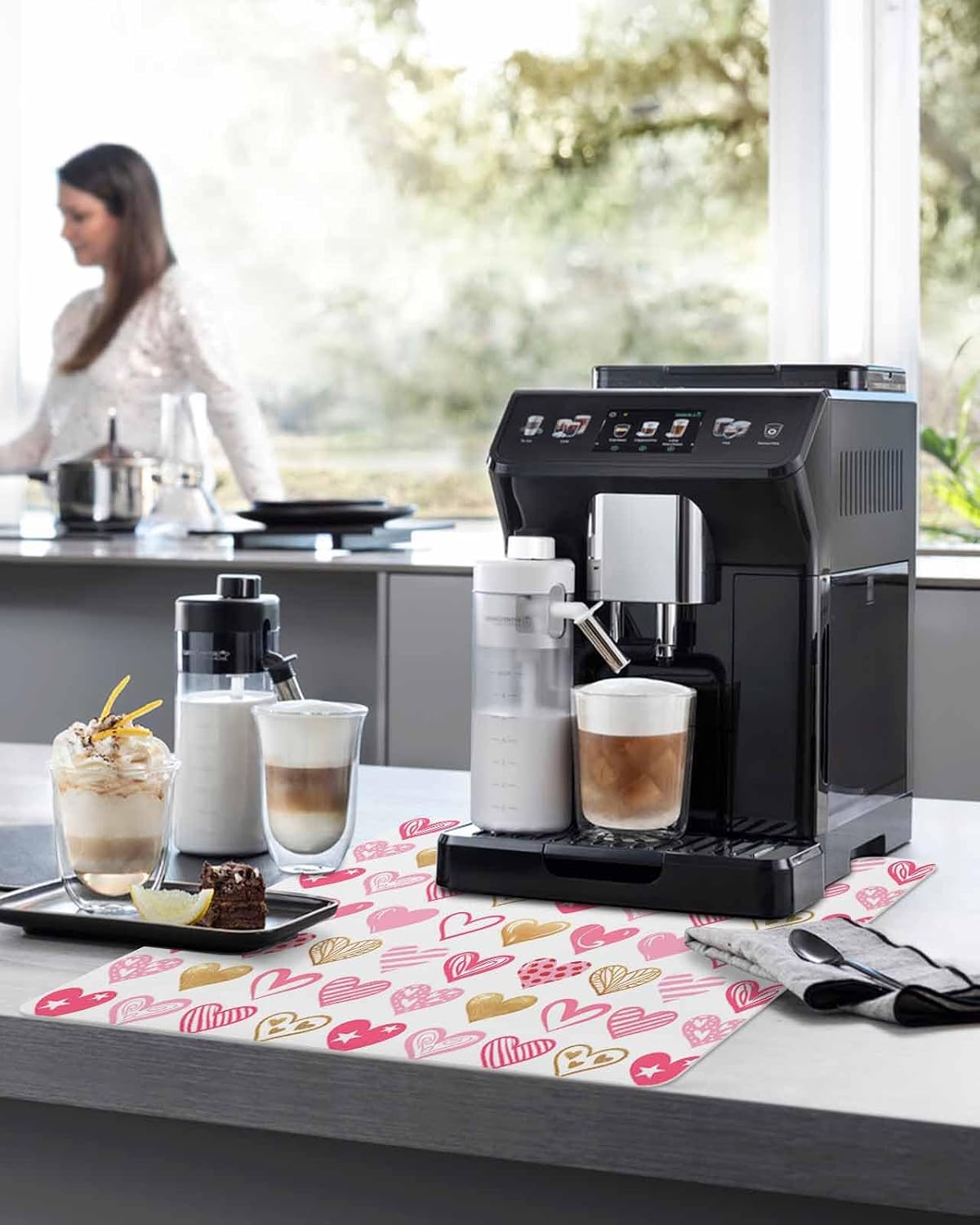 Coffee Mat for Counter, Valentine's Day Pink Heart Pattern Absorbent Hide Stain Coffee Bar Mat, Non-slip Coffee Bar Accessories Kitchen Drying Mat Fit Under Coffee Maker Espresso Machine