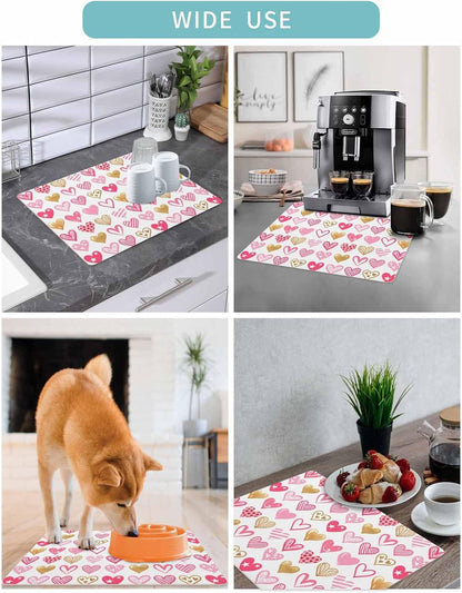 Coffee Mat for Counter, Valentine's Day Pink Heart Pattern Absorbent Hide Stain Coffee Bar Mat, Non-slip Coffee Bar Accessories Kitchen Drying Mat Fit Under Coffee Maker Espresso Machine