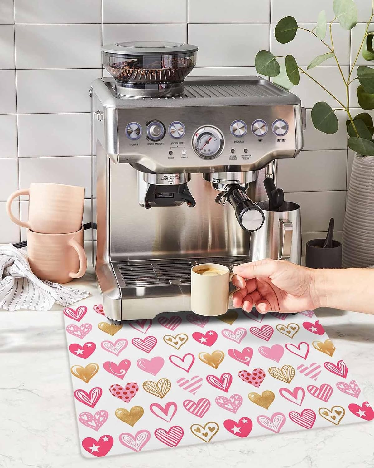 Coffee Mat for Counter, Valentine's Day Pink Heart Pattern Absorbent Hide Stain Coffee Bar Mat, Non-slip Coffee Bar Accessories Kitchen Drying Mat Fit Under Coffee Maker Espresso Machine