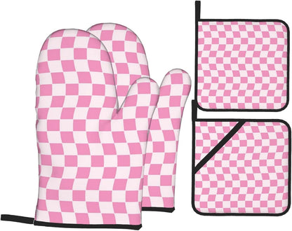 Pink Geometric Checkered Oven Mitts and Pot Holders Sets of 4, Non-Slip Heat Resistant Polyester Cooking Gloves Country Style Oven Mitts for Kitchen Baking Grilling BBQ