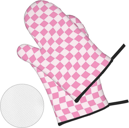 Pink Geometric Checkered Oven Mitts and Pot Holders Sets of 4, Non-Slip Heat Resistant Polyester Cooking Gloves Country Style Oven Mitts for Kitchen Baking Grilling BBQ