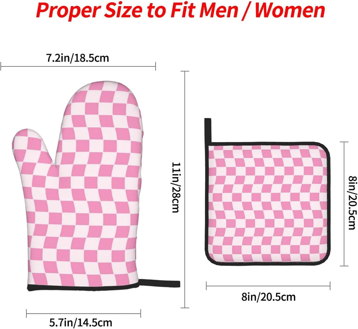Pink Geometric Checkered Oven Mitts and Pot Holders Sets of 4, Non-Slip Heat Resistant Polyester Cooking Gloves Country Style Oven Mitts for Kitchen Baking Grilling BBQ