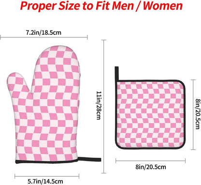 Pink Geometric Checkered Oven Mitts and Pot Holders Sets of 4, Non-Slip Heat Resistant Polyester Cooking Gloves Country Style Oven Mitts for Kitchen Baking Grilling BBQ