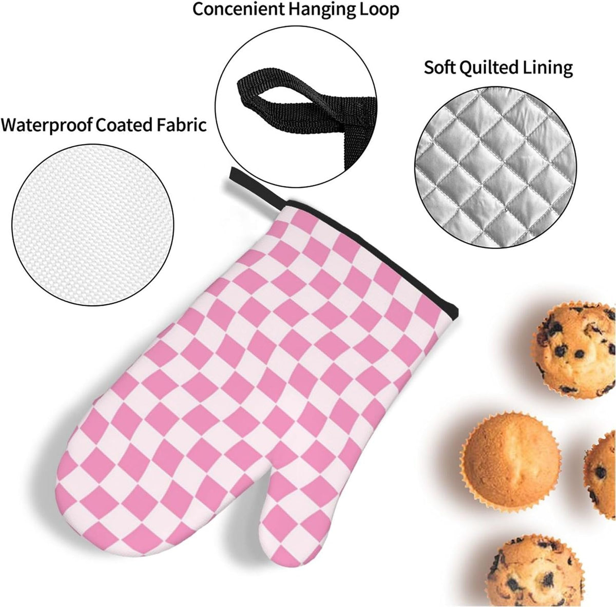 Pink Geometric Checkered Oven Mitts and Pot Holders Sets of 4, Non-Slip Heat Resistant Polyester Cooking Gloves Country Style Oven Mitts for Kitchen Baking Grilling BBQ